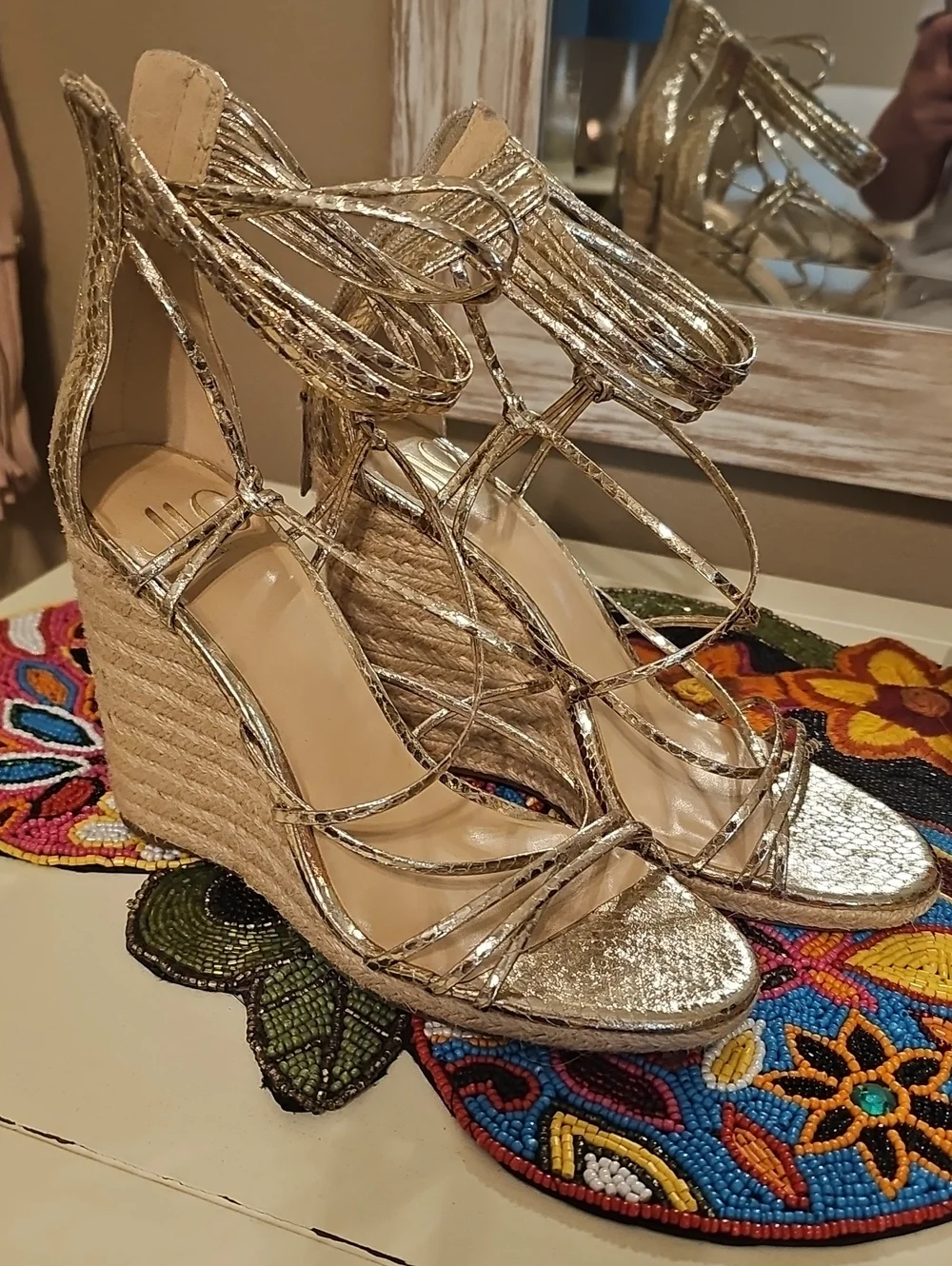 JLo Women's Metallic Gold Lace-Up Espadrille Wedge Sandals In Box